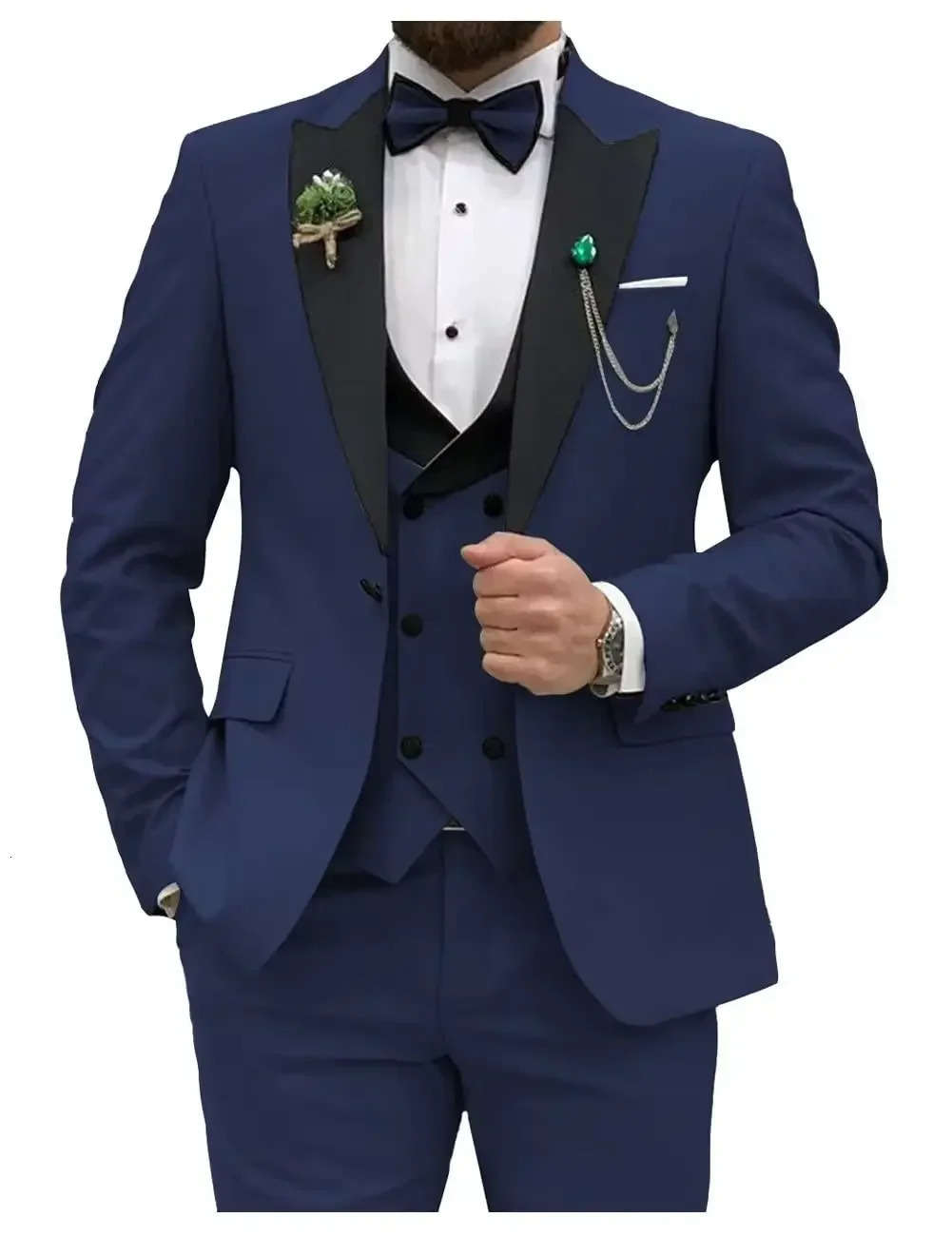 Blue Men Suits Slim Fit 3 Piece Double Breasted Suit Wedding Prom Party BusinessBlazerVestPants for 241220