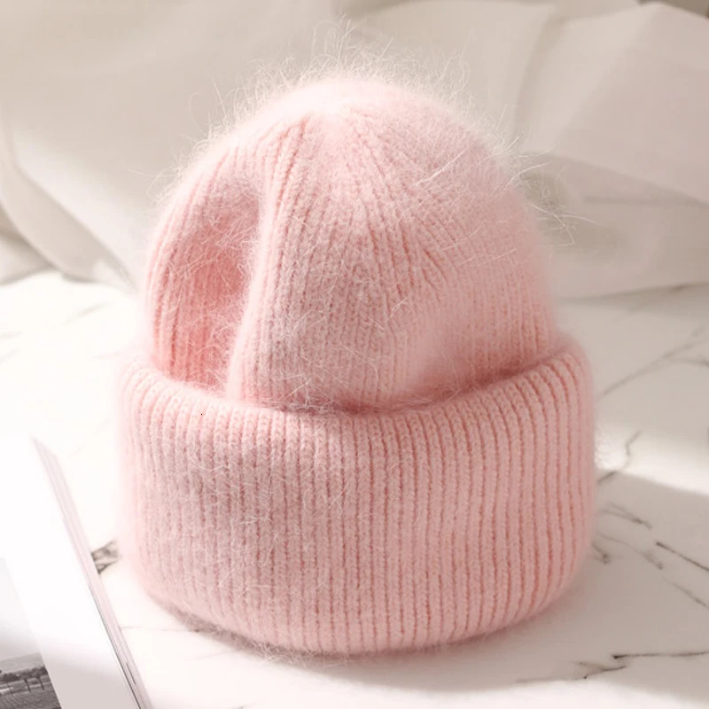 Fashion White Rabbit Fur Beanies Hat Womens Winter Soft Warm Knitted Hat Lady Korean High Quality Thicked Skullies Caps 241214