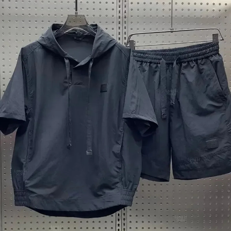 Mens Loose Light Breathable T-shirt Shorts Set Cargo Style Pocket Fashion Casual Sport Hoodies Short Sleeve Shorts Two-piece 241217