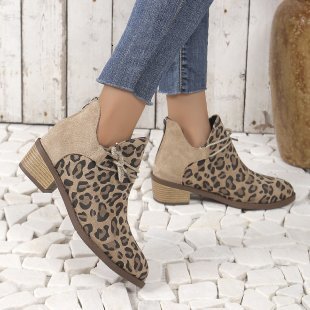 2024 autumn and winter cross-border women's shoes new European and American style pointed square heel leopard print fashion short boots for women