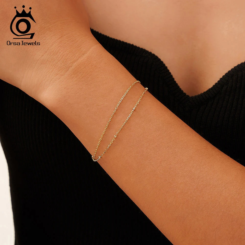 ORSA JEWELS 925 Sterling Silver Double Layer Bracelet Chain Simple Small Ball Beads for Womens Birthday Gift Jewelry SB200 241214
