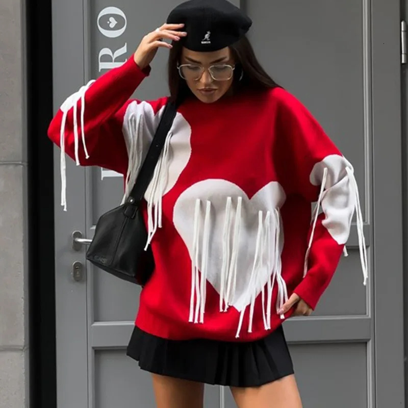Talenza Heart Print O-Neck Long Sleeve Pullover Casual Knitted Tassel Sweater Loose Women's Streetwear
