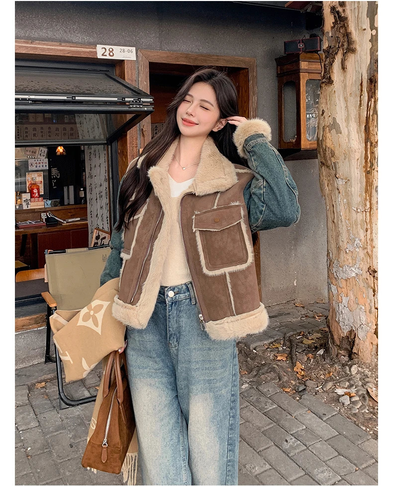 Winter Sheepskin Fur Thicken Parka Jacket Shearing Sheep Velvet Spliced Denim Jacket for Women Warm Velvet Fur Overcoat 241217