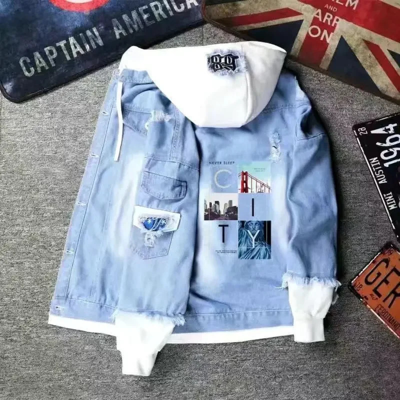 Male Jean Coats With Hat Hooded Mens Denim Jacket Autumn Trendy Low Cost Clothing Elatic Rock Vintage Price Y2k Outwear Casual 241220