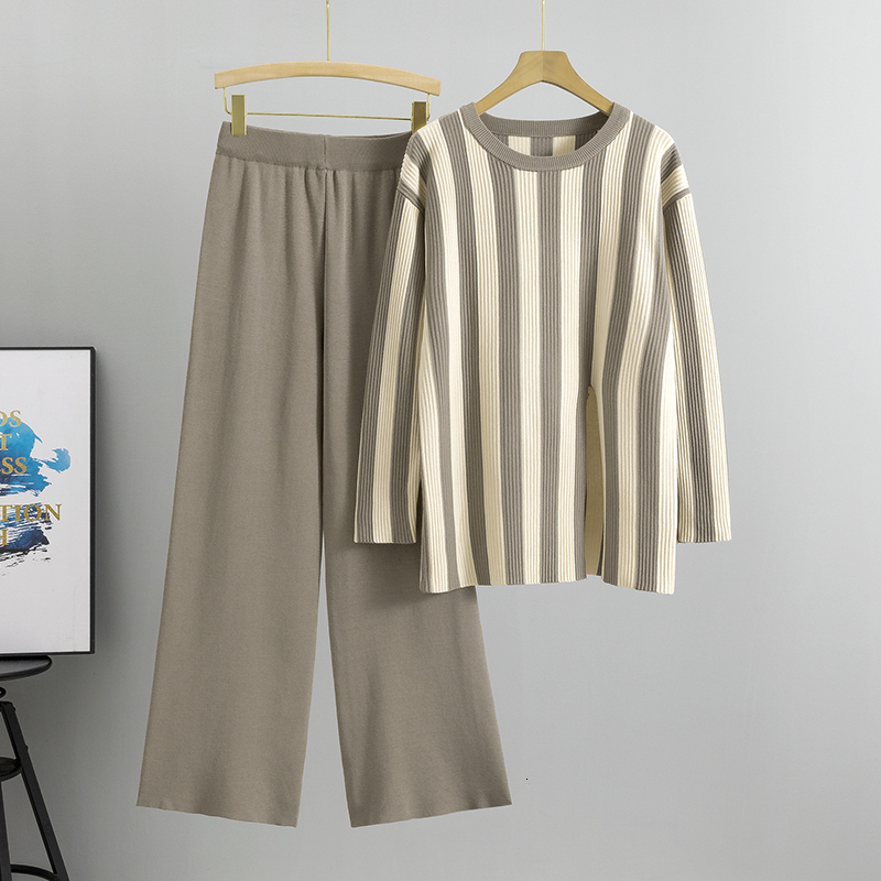 Chic Fashion new Spring Vintage Striped Women O Neck Casual Loose Split Knitted Pullover + Wide Leg Pants Two Piece Set