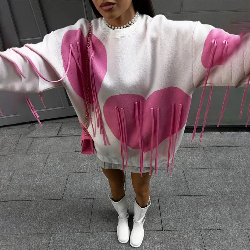 Talenza Heart Print O-Neck Long Sleeve Pullover Casual Knitted Tassel Sweater Loose Women's Streetwear