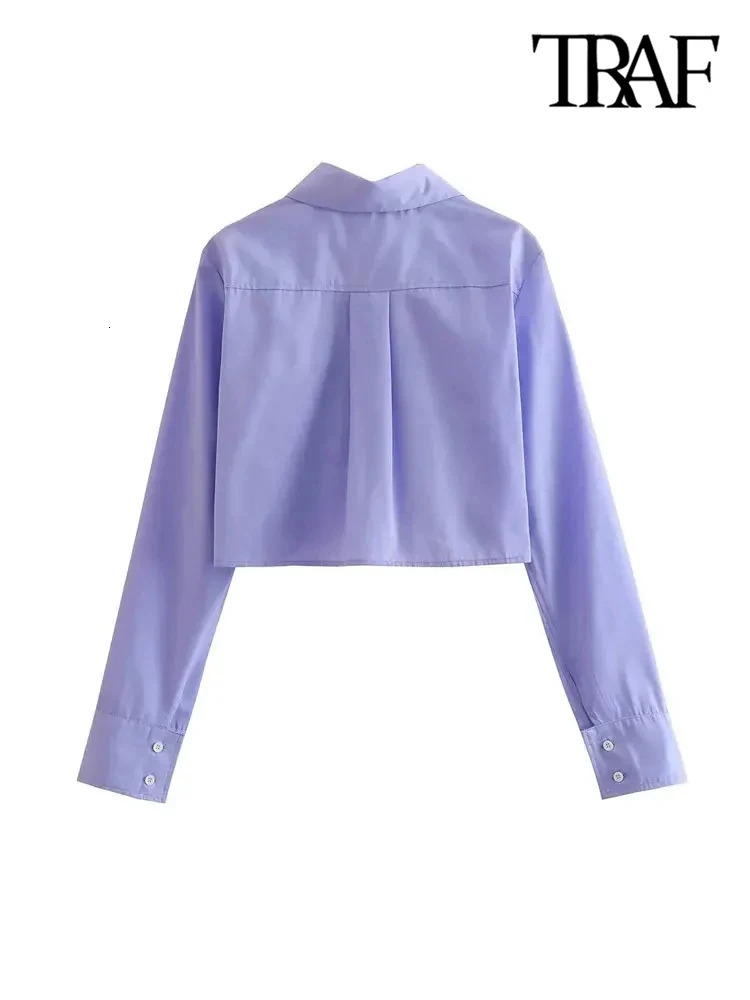 TRAF Women Fashion Loose Cropped Shirts Vintage Long Sleeve Front Button Female Blouses Blusas Chic Tops 241218