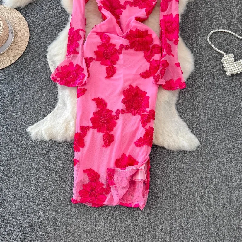 Basic Casual Dresses High Street Dresses Women Square Collar Luxury Socialite Style Bodycon Dress Embroidered Floral Slim Medi Flared Sleeve Vestidos 