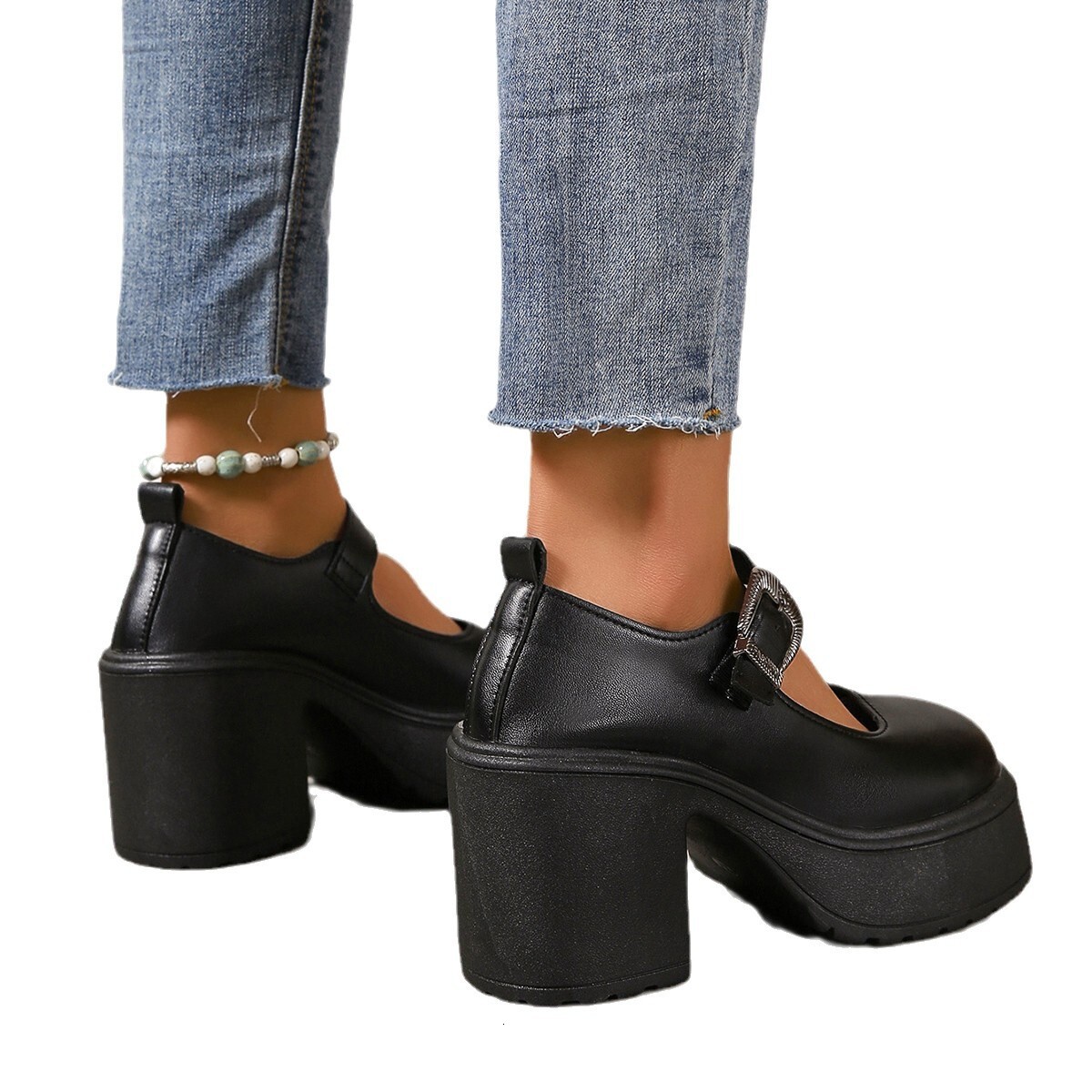 Foreign trade 2024 spring new coarse heel solid color buckle high heels for women, retro Mary Jane shallow mouth single shoes for women