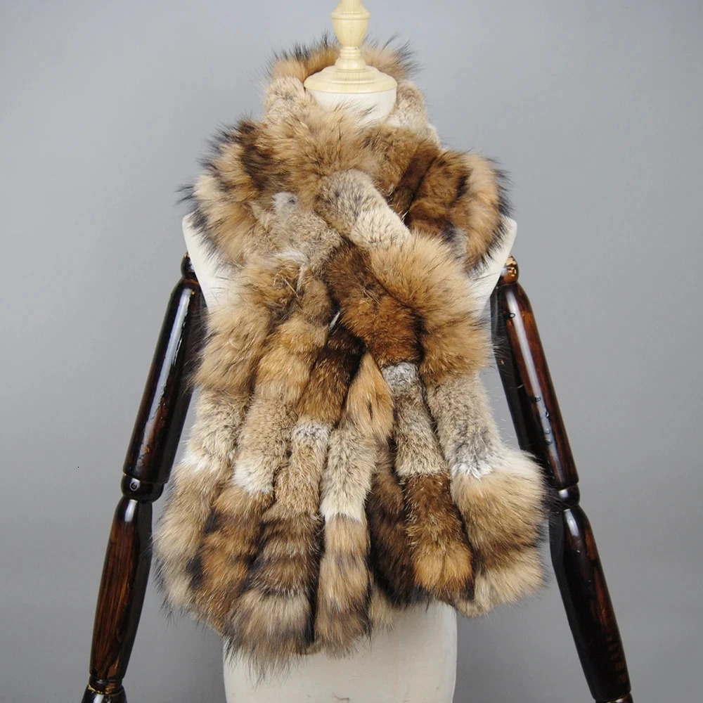 Winter Neck Warmer Femme Knitted Rex Rabbit Fur Scarf With Silver Fox Fur Women Fashion Warm Thick Female Winter Fur Scarves 241220