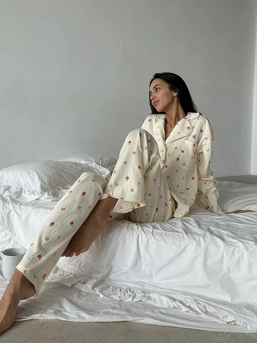 Marthaqiqi Cotton WomenS Pajamas Set Long Sleeve Nightwear Turn-Down Collar Nightgowns Pants Loose Printing Home Clothes Femme 241217