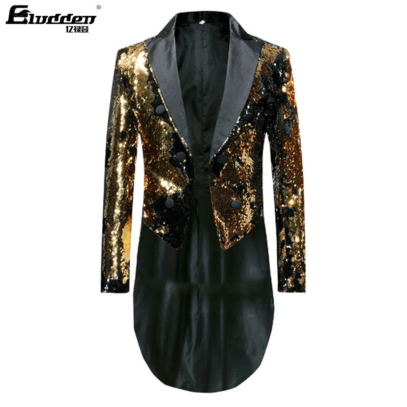Mens Shiny double sided color Sequins Tuxedo Jacket Slim Fit Tailcoat Dress Coat Swallowtail Dinner Party Wedding Suit Jackets 241218