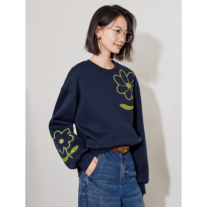 TOYOUTH Women Fleece Hoodies Sweatshirt 2024 Autumn New Ral Round Neck Long Sleeve Pullover Tops