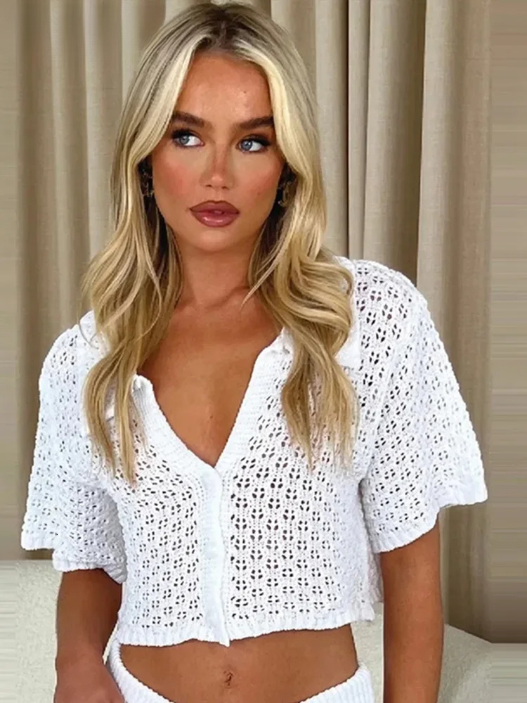 Knit Sexy Hollow Out Cardigan Skirt Suit Women Slim Single Breasted Short Sleeve Top Long Skirts Female Summer Beach Outfit