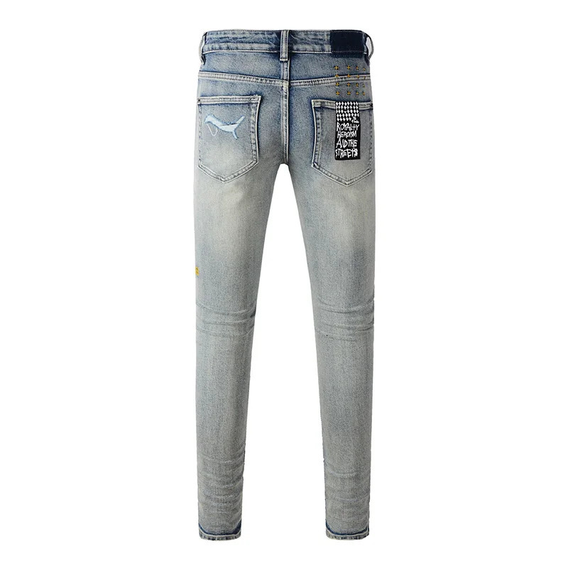 Mens Distressed Washed Light Blue High Street Skinny High Quality Ripped Jeans 241219