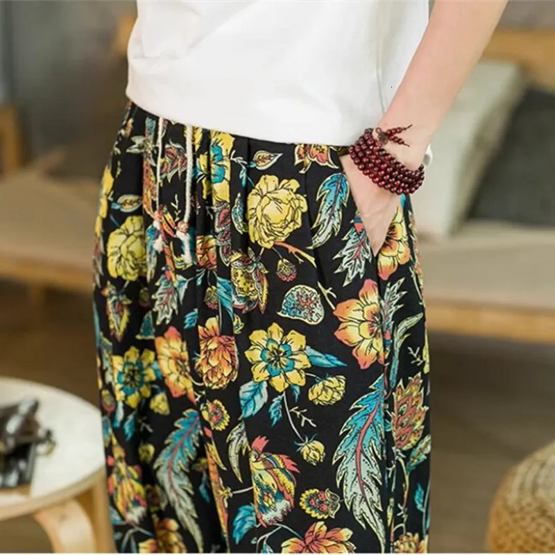 Summer mens cotton linen casual harem close-up pants black/red mens daily casual lace loose floral pants 241219
