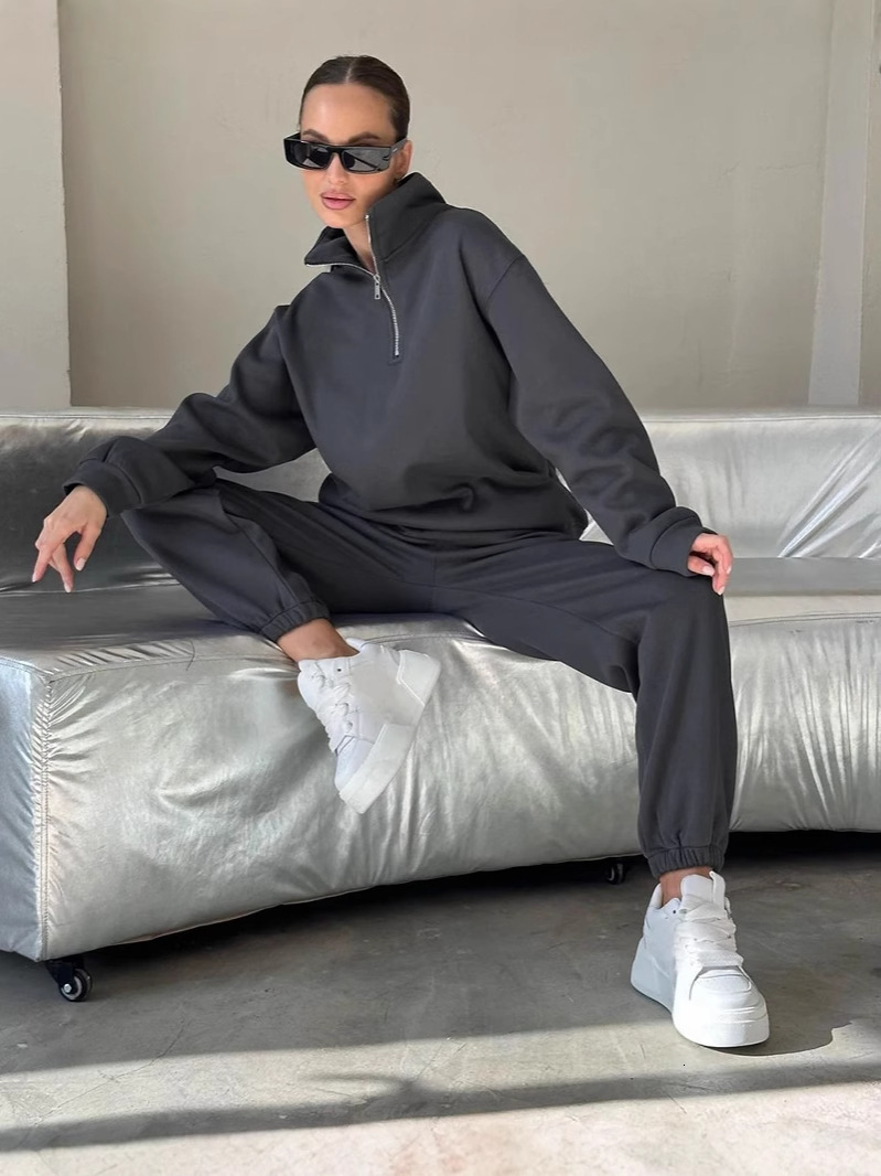 Autumn Women's Tracksuit With Zipper Cotton Oversize White Casual Two Piece Set Classic Sports Trouser Suits For Women