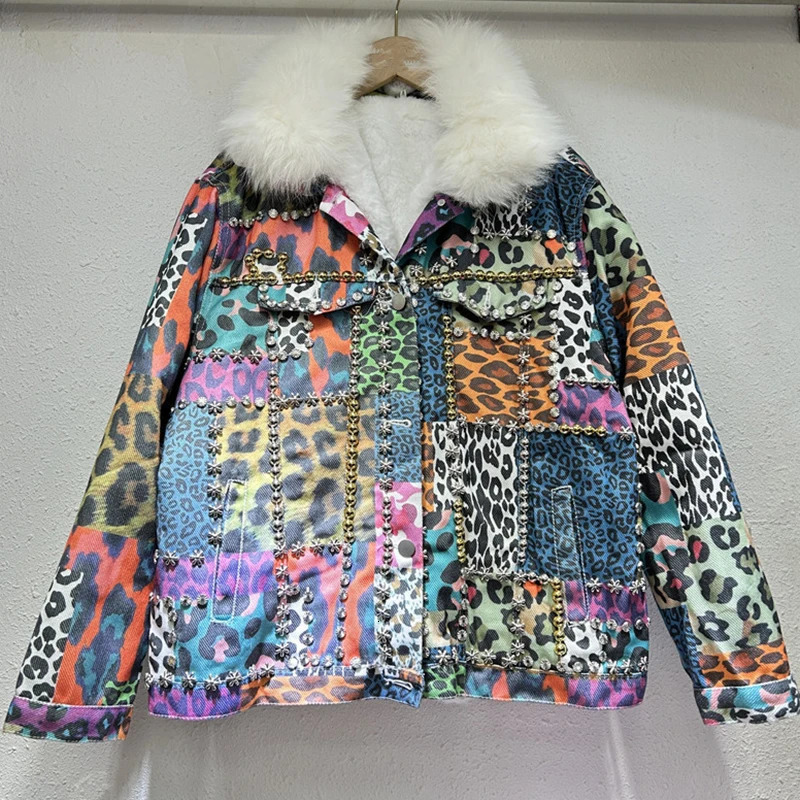 DEAT Women Denim Coat Colorful Leopard Printed Flowers Rivets Thick Plush Loose Single Breasted Jackets 2025 Spring Fashion 241220