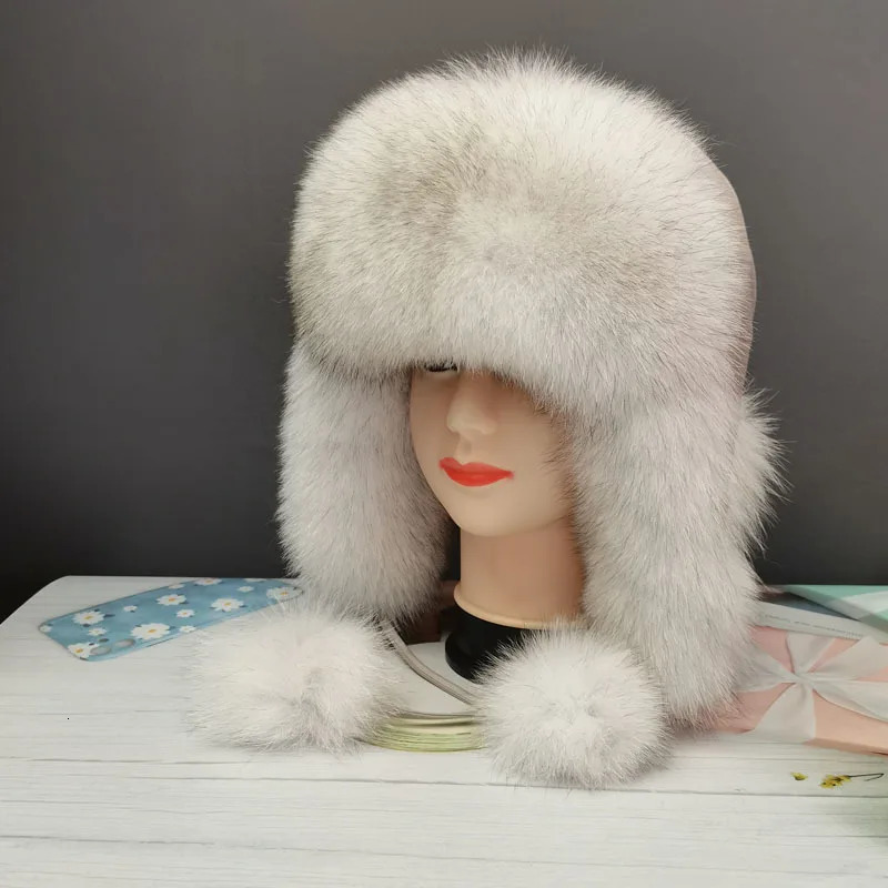 Womens Lei Feng hat fashionable cute hat 100% real fox fur hat ski hat warm and soft Russian womens hat natural fox fur ball hat 241220