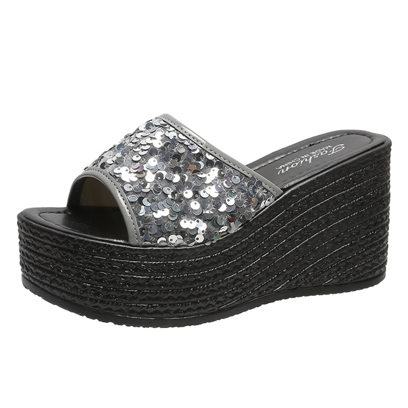 Summer new foreign trade large size women's wedge sandals sequined European and American style casual comfortable black soles 34-43