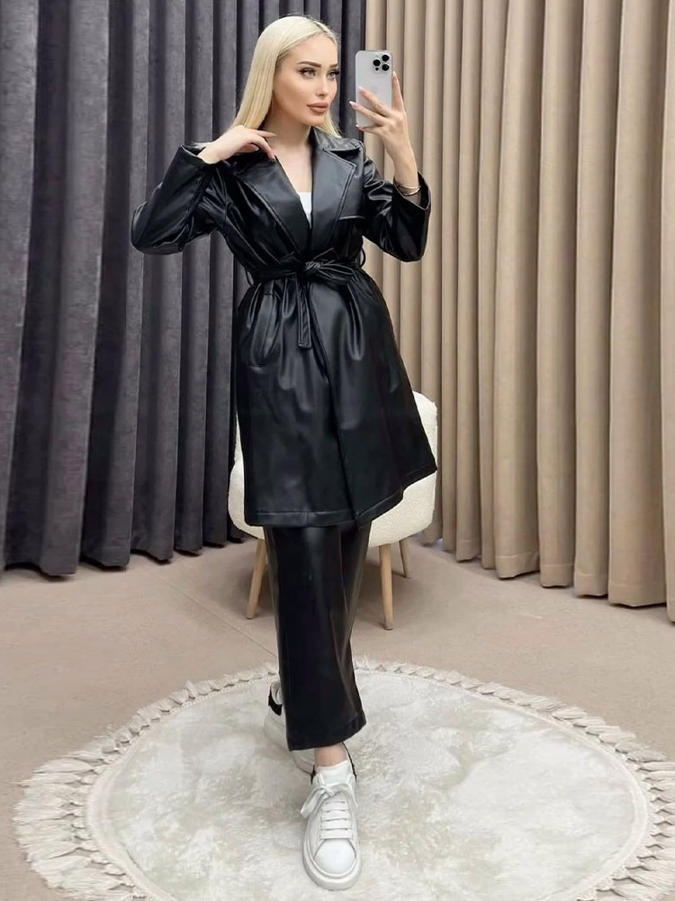 Pu Leather Trench Coat Women Vintage Belted Longe Solid Turn-Down Collar Long Sleeve Party Wear Casual Fashion Streetwear New