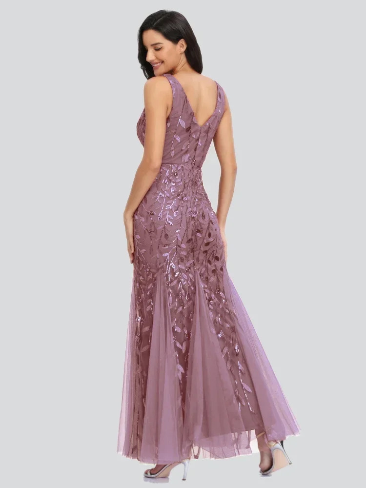 Womens Sleeveless Embroidered Beaded Fabric Evening Gown V Neck Elegant Mermaid Skirt Dress Formal Party Dress Catwalk Stage 241217