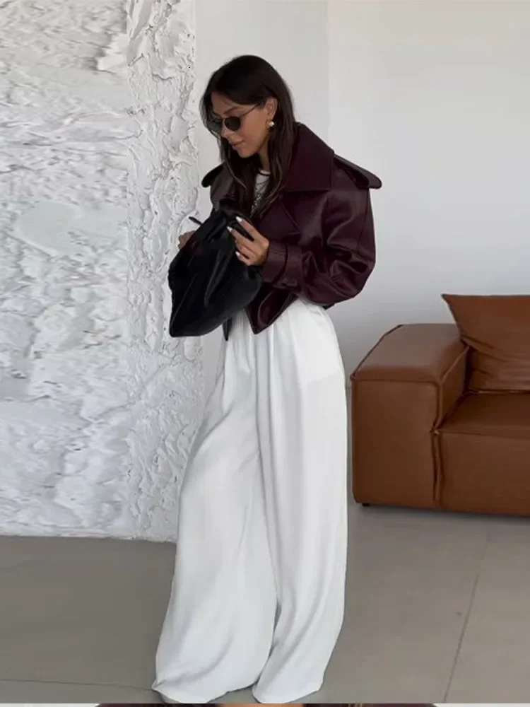 Women Retro Burgundy Leather Short Jacket Fashion Big Lapel Full Sleeves Pocket Loose Coats Lady Autumn Chic High Street Outwear 241220