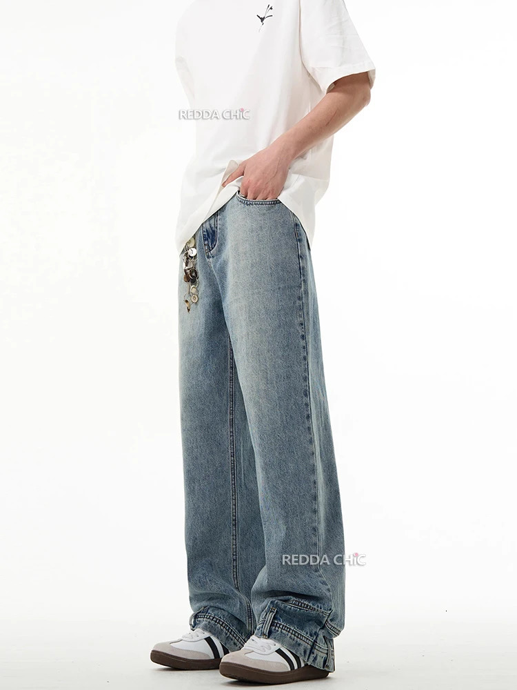 REDDACHIC 90s Retro Backwards Men Baggy Jeans Straight Wide Leg Casual Inverted Pants Upside Down Y2k Trousers Korean Streetwear 241216