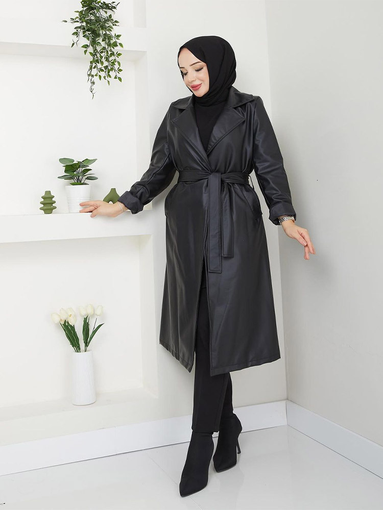 Pu Leather Trench Coat Women Vintage Belted Longe Solid Turn-Down Collar Long Sleeve Party Wear Casual Fashion Streetwear New