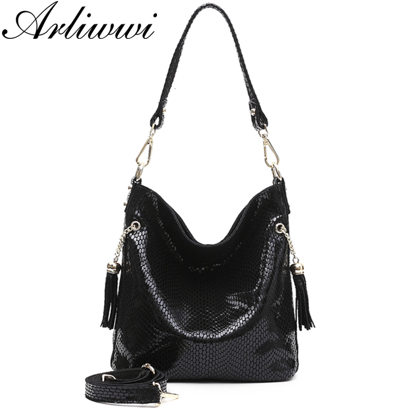 Arliwwi Designer New Real Leather Shiny Snake Pattern Emed Female Shoulder Bags High Quality Women Everyday Handbags Gy13