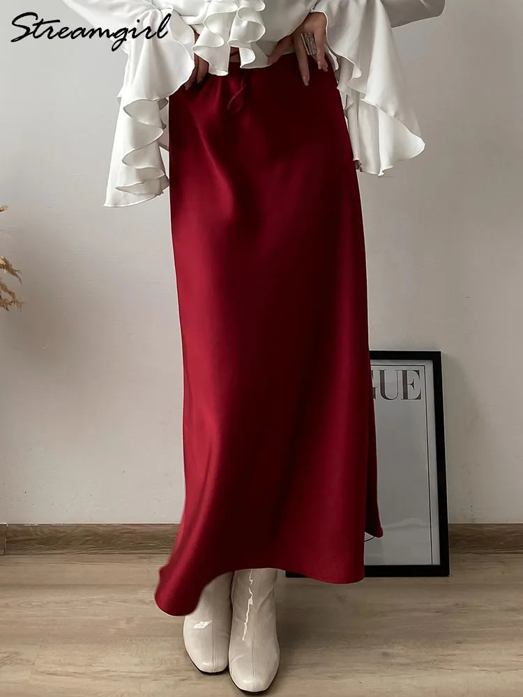 Long Black Satin Skirts For Women Autumn Winter Maxi Brown Burgundy Ladies Green Lace Up Silk Skirt 241217