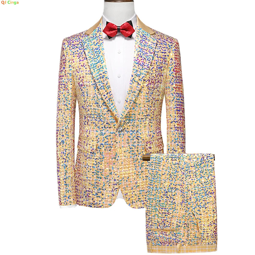 Sparkling Gold Sequins Mens Suit Two PieceWedding Party Dress Jacket and TrousersMens Stage Performance Sets Size M5XL 6XL 241218
