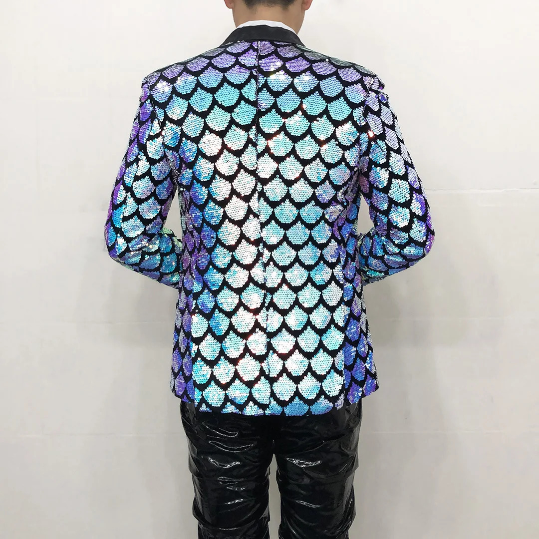Mens Shiny Sequin Blazers Jacket Host Singer Stage Performance Clothes Nightclub Male Party Glitter Tuxedo Coat 241218