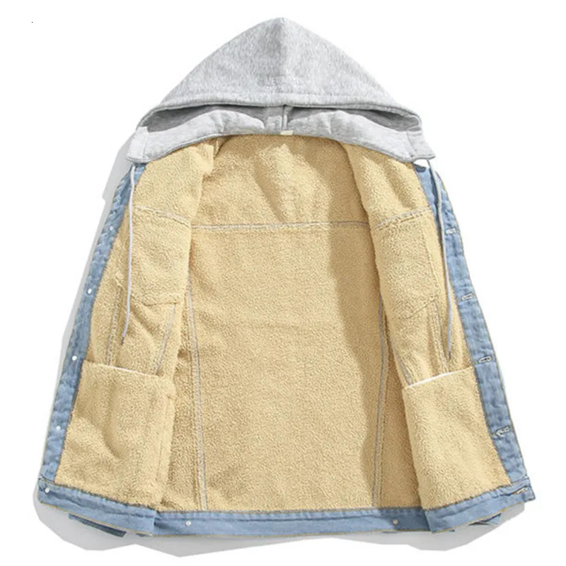Winter Fleece Denim Jackets Men Solid Hat Detachable Casual Denim Coats Male Thick Warm Hooded High Quality Jean Parkas Outwear 241216