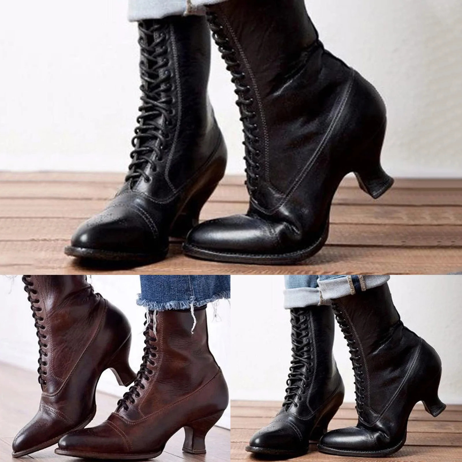 Gothic womens boots heel ankle lace upper corner heel boots high retro elastic cross tie shoes zapatos para mujeres 241213