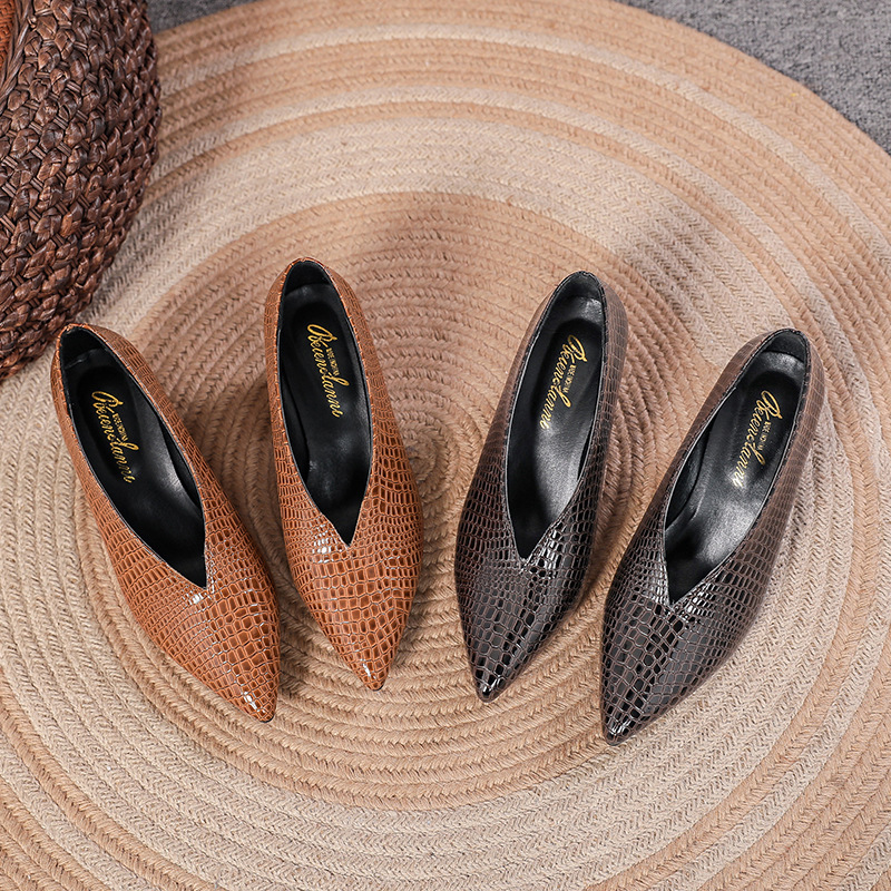 Cross border 2024 New Large Spring and Autumn Snake Skin Pattern Coarse Retro Shallow Mouth Pointed Coarse Follow Shoes for Women Wholesale