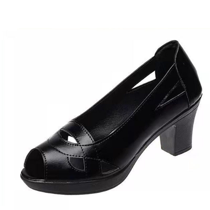 Women Fashion Plus Size Black Leather Peep Toe High Heel Casual Hollow Out Breathable Spring & Summer Office Shoes A95