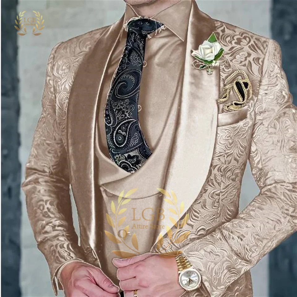 Mens navy blue suit jacket vest trousers 3 piece weddingdinner fashion floral groom clothes 241220