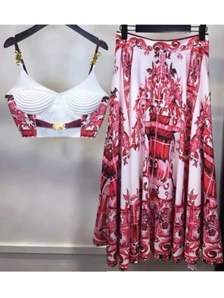 Summer Holiday Blue And White Porcelain Two Piece Set Womens Spaghetti Strap Padded Cup Zipper Print Short TopLong Skirt Suits 241219