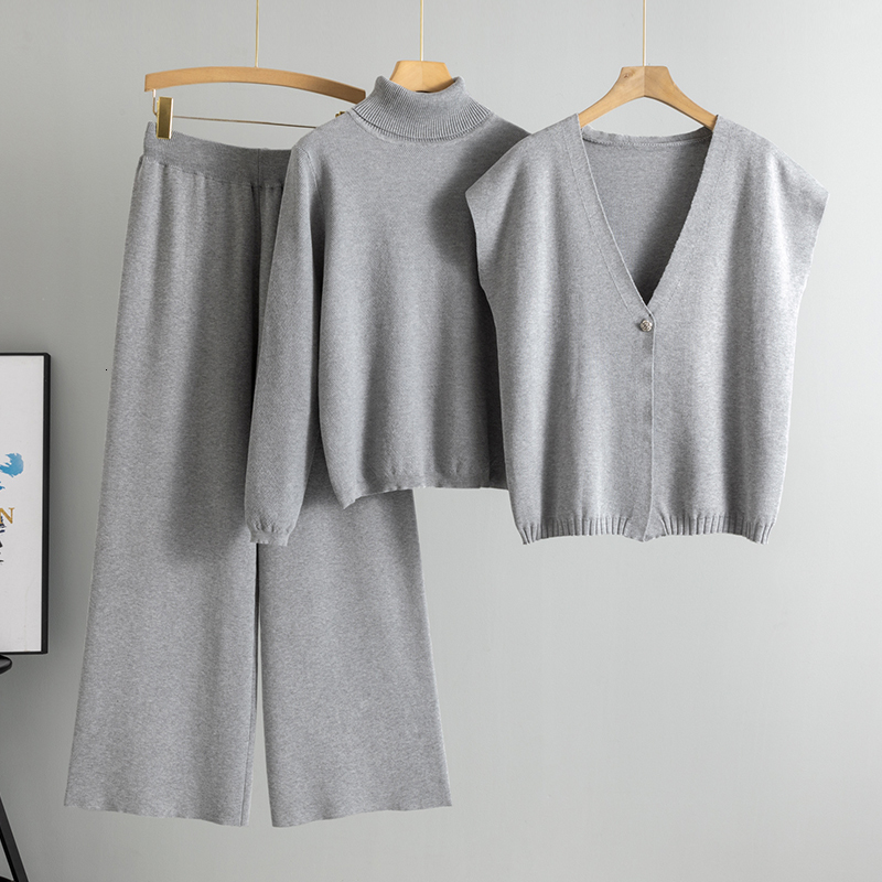 2025 Fashion 3 Piece Set Women's Vest Long Sleeve Half High Collar Top Elastic Waist Wide Leg Pants Tracksuit Knitted Suit