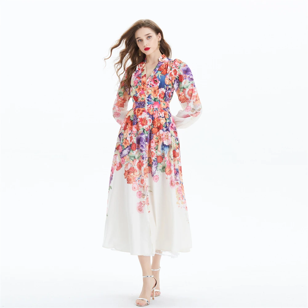 Basic Casual Dresses Women High Street Dresses 2025 Spring Autumn New Stand Lantern Sleeve Print Long Dress Slim Court Style Elegant Chic Vestidos