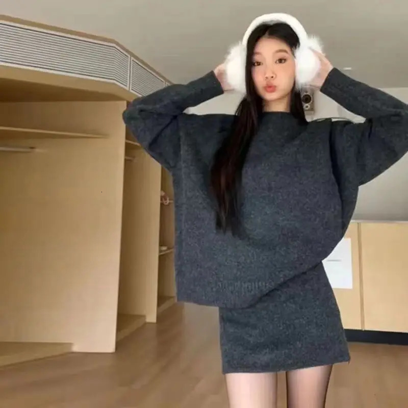 Fall Winter Clothes Women Fall Winter Fashion Suit O Neck Solid Short Sweater Women Set Casual Knitted Dress Set 241220