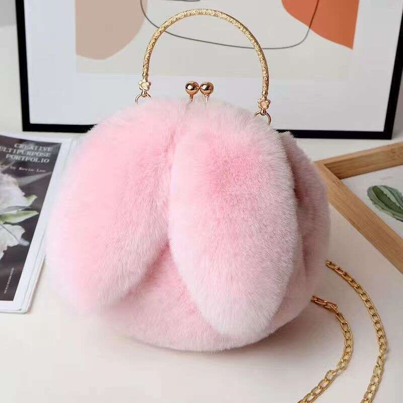 Plush shoulder for women's handheld crossbody chain mobile phone versatile and fashionable small round bag, rabbit ear clip buckle bag
