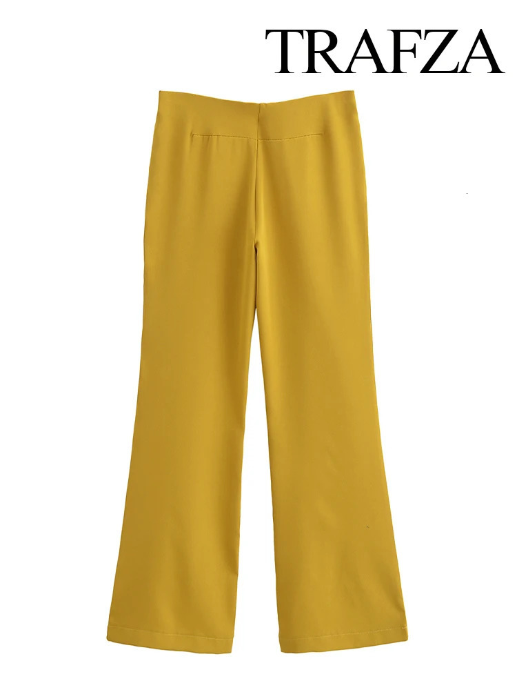 TRAFZA Womens Sexy Fashion 2piece Set with Side Seam Back Zipper Shoulders and Elegant High Waist Elastic Flare Pants Unprinted Good Product 241211