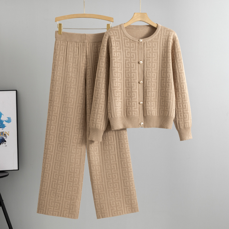 Women Elegant Knitted 2 Piece Sets Korean O-Neck Single Breasted Knit Cardigan Conjuntos Casual High Waist Sweatpants Outfit New