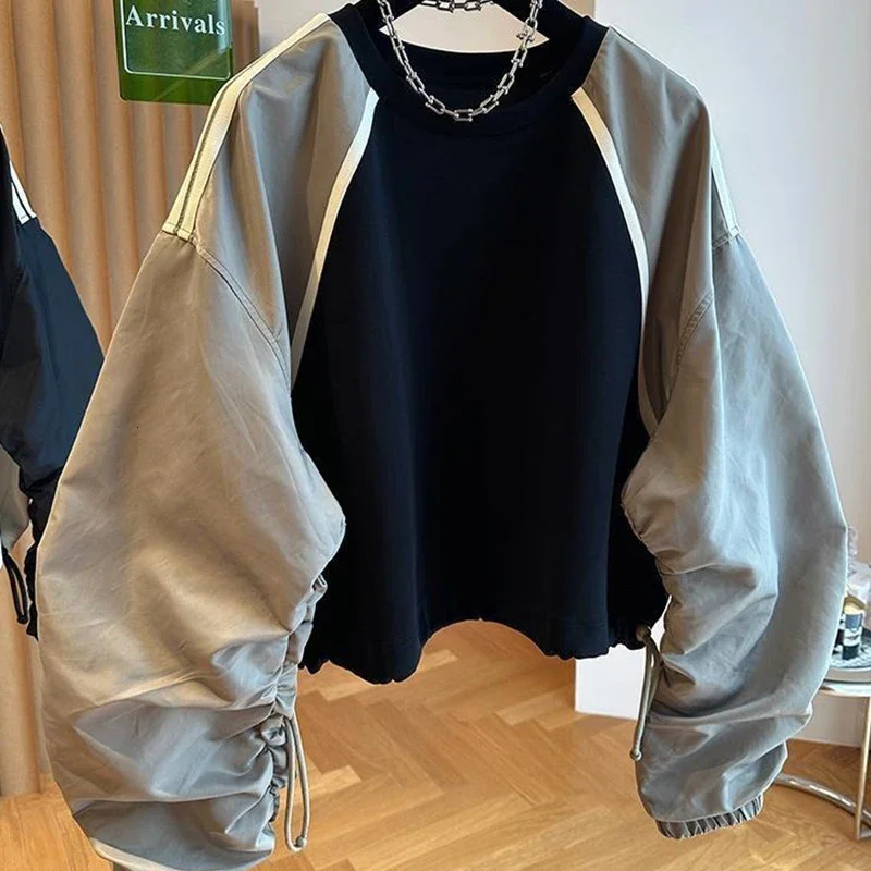 Spring Autumn Elegant Sweatshirt Niche Casual Patchwork Contrasting Color Raglan Shirt Men Women's Drawstring Waist Cinched Top