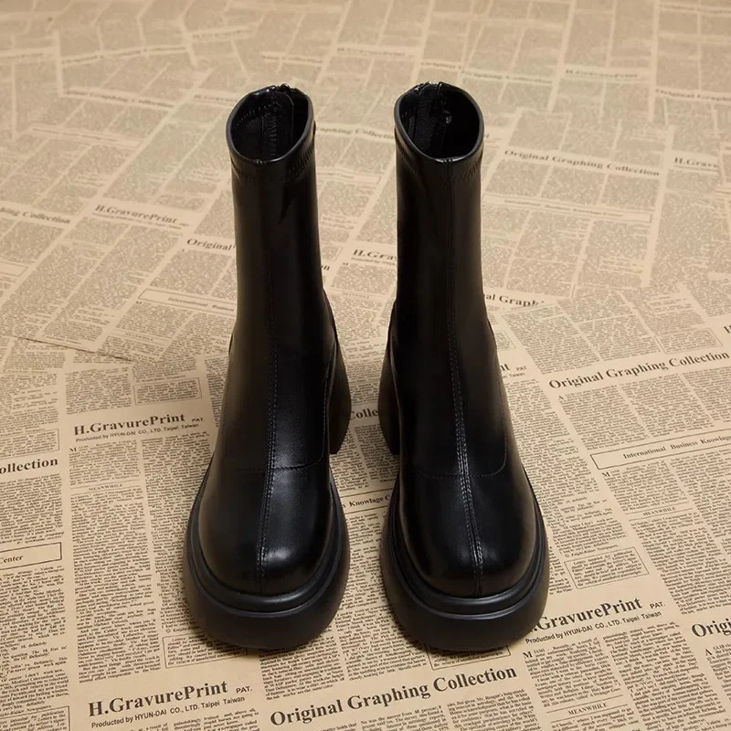 Black platform womens ankle boots fashionable soft leather shoes autumn thick boots womens short boots 241213