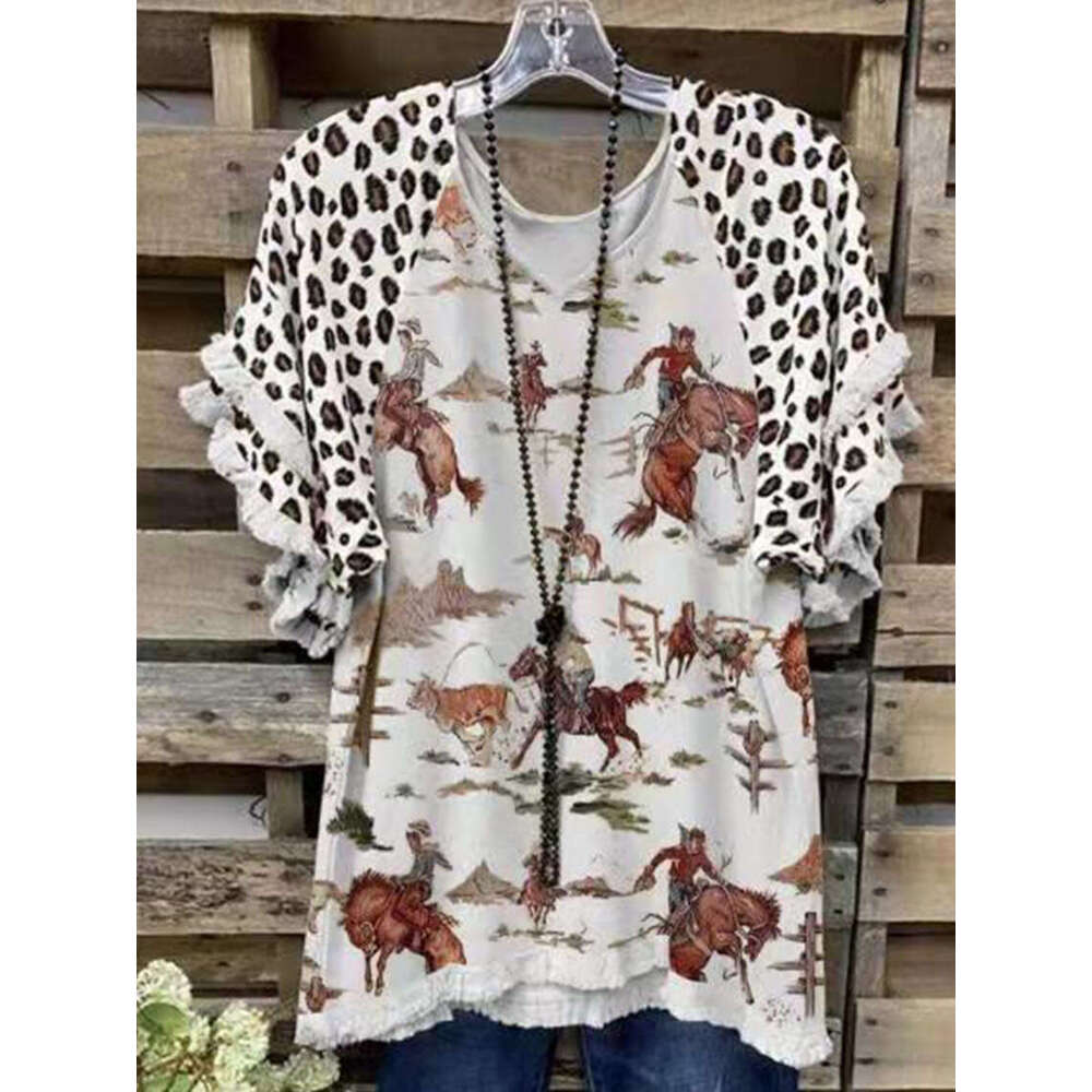 2021 summer pullover knitted commuter V-neck cotton short sleeved printed loose skin tone t-shirt 2024 new style chic and elegant clothing