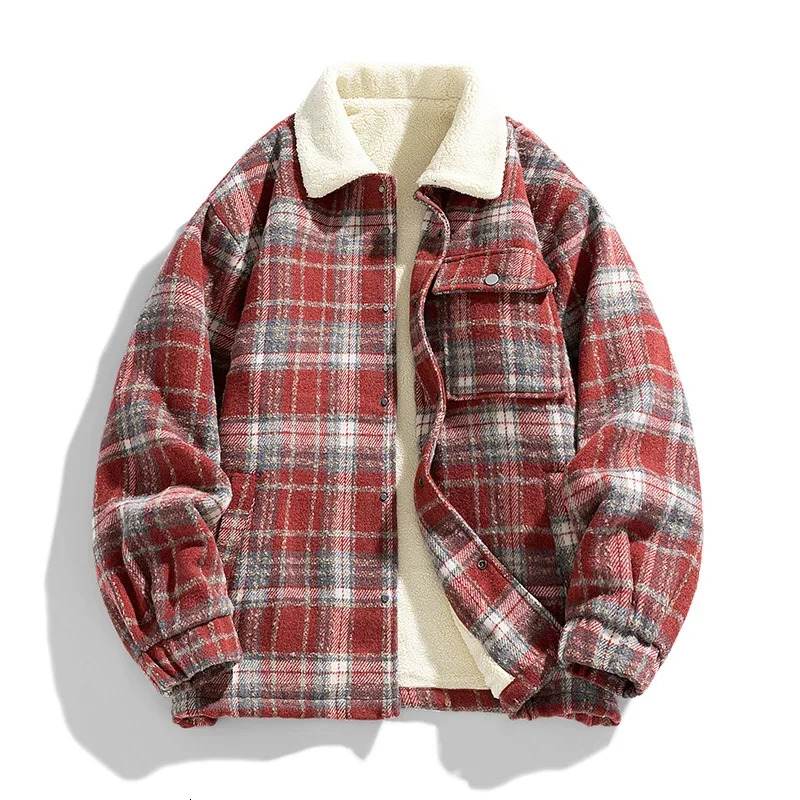 American Vintage Mens Plaid Fleece Lined Jacket Thick Warm Cargo Jackets for Men Winter Coats Autumn Fleece Windbreaker Parkas 241220