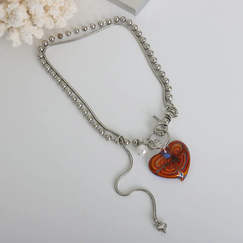 Style Vintage Colored Glaze Heart Pendant Necklace Female Painted Heart Round Bead Chain Clavicle Chain Trendy Jewelry 241220